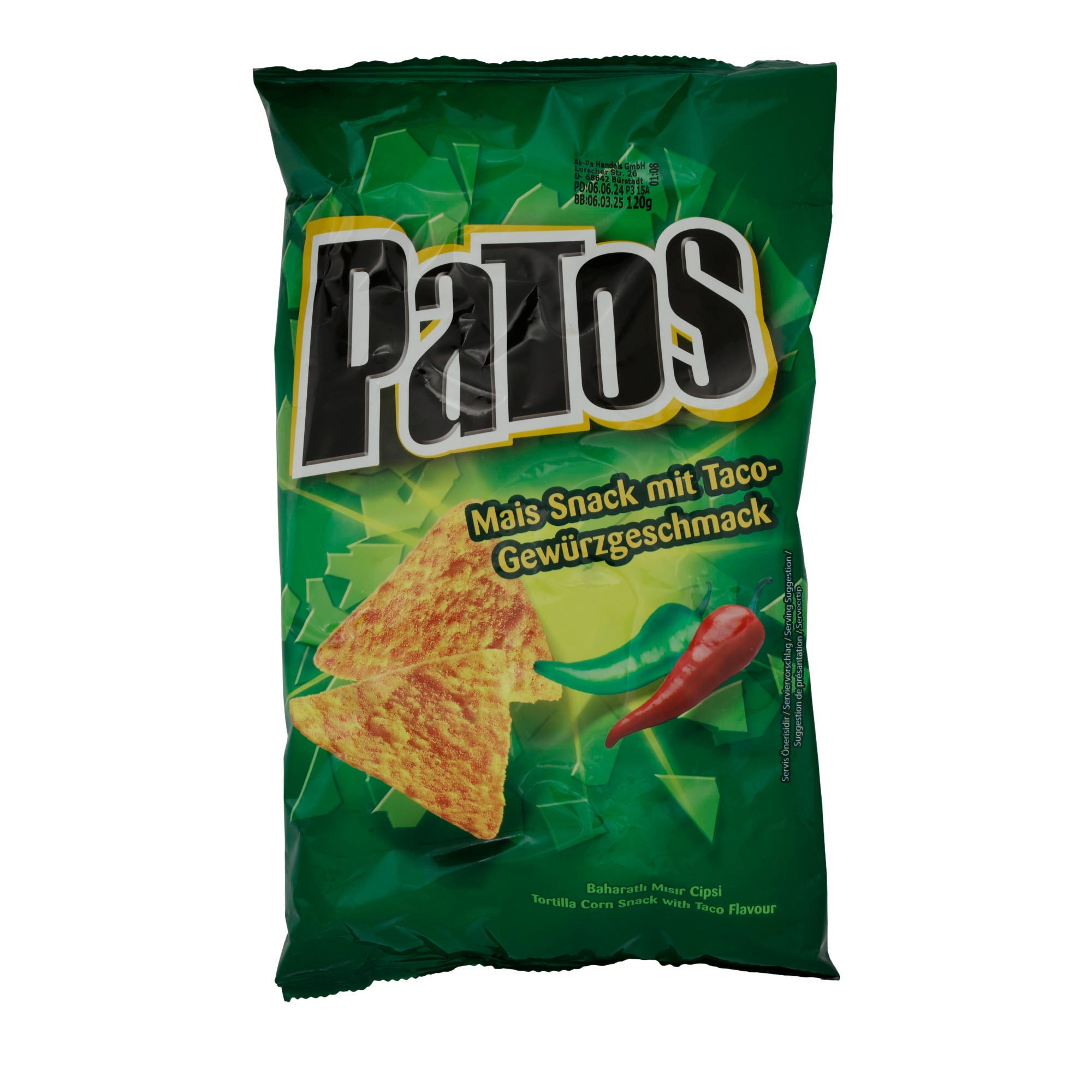 Snack Patos Mais | mit Taco-Geschmack | knusprige Tortilla-Chips mit würzigem Taco-Geschmack | 120 g PATOS